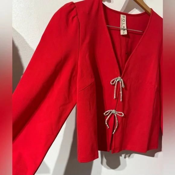 Dolan Red Blouse Dolan sparkle Bow-Front Cardigan Top eye and hook clasps size S